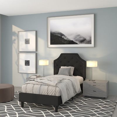 Elegant Twin-Sized Black Upholstered Bed with Tufted Headboard and Gold Nailhead Trim