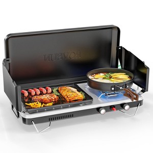 ROVSUN 2-in-1 Portable Camping Stove & Propane Grill Combo with Igniter, Tabletop Camp Stove with Handle & Windpanel for Camping Tailgating Grilling - 1 of 4