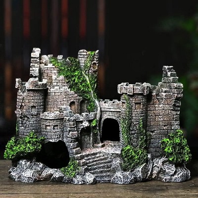 1Pc Aquarium Fish Tank Decoration, Resin Artificial Ancient Castle Ornament, Hideout Caves Layout Prop for Fish Tank Aquarium Landscaping Decor