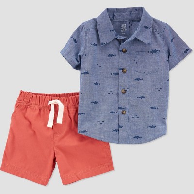 Image of Baby Boys' Chambray Shark Top & Shorts Set - Just One You® made by carter's Blue/Orange
