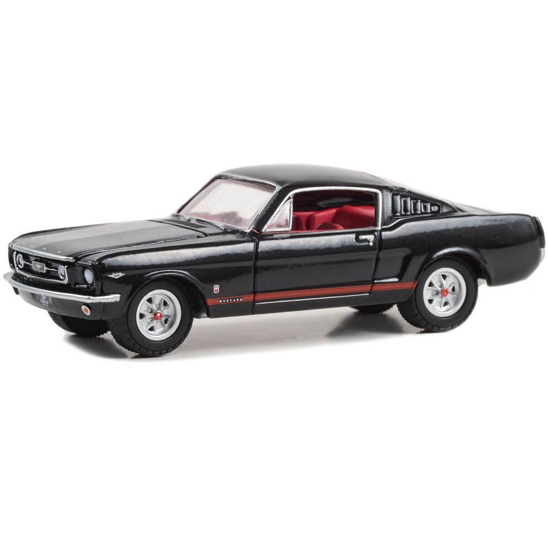 1965 Ford Mustang GT Raven Black with Red Stripes and Red Interior 1/64 Diecast Model Car by Greenlight, 2 of 4