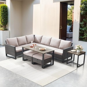 Buenhomino Patio Furniture Set with Thick Cushion, High Back Outdoor Sectional Sofa and Metal Coffee Tables, 7PCS Wicker Conversation Set - 1 of 4