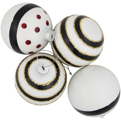 Set of 4 White and Black Striped Glass Christmas Ornaments with Gold Accents