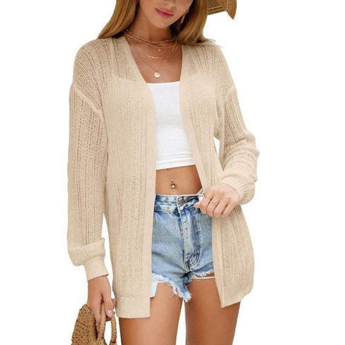 Womens Milanese Knit Cardigan Semi Sheer Lace Beach Cover Ups Open Front Cardigan Ribbed Cuff Open Front Sweater - image 1 of 4