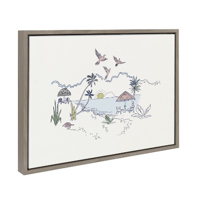 Tropical Beach Scene Framed Canvas Wall Art, 18x24, Gray