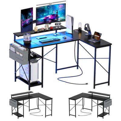 L Shaped Desk Gaming Desk with Storage Shelf,Led Strip and Power Outlet