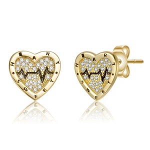Guili 14K Gold Plated with Black Enamel & Clear Cubic Zirconia Heartbeat Stud Earrings - 1 of 2