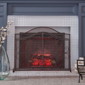 VYNXARIA Modern 3-Panel Iron Fire Screen With Door, Black Copper Finish - 1 of 4