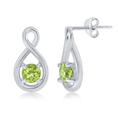 Simona Sterling Silver, 4mm Round Gem Infinity Design Earrings - Peridot - Green