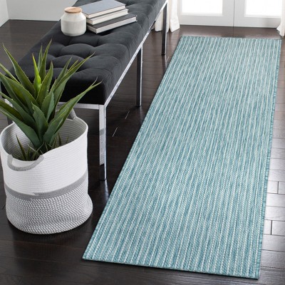 Aqua and Beige Flat Woven Synthetic Stripe Rug 24" x 7'6"