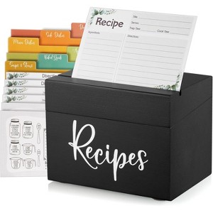 Recipe Box, Wooden Recipe Organizer, Black Holder with 50 Recipe Cards 4"x6" & 6 Dividers, Book for Your Recipes - 1 of 4