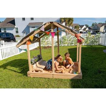 Funphix Dig n’ Play Wooden Sandbox Playhouse with Bench & Flower Planter, Outdoor Sand Pit for Kids