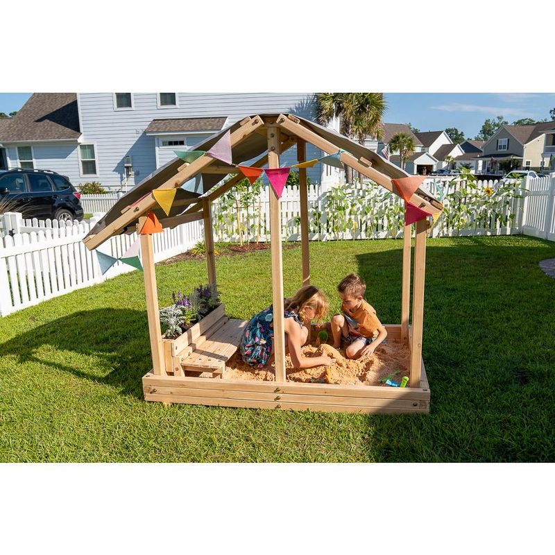 Funphix Dig n’ Play Wooden Sandbox Playhouse with Bench & Flower Planter, Outdoor Sand Pit for Kids, 1 of 12