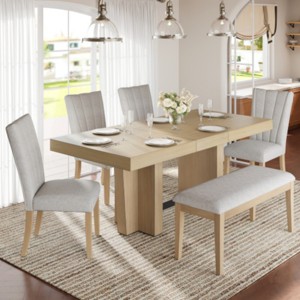 6-Piece Extendable Dining Table Set with 1 Bench and 4 Upholstered Chairs, Solid Wood Frame Kitchen Dining Set for Dining Room–The Pop Home - 1 of 4