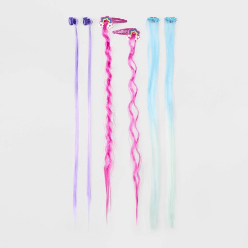 Girls' 6pk Mixed Clip Set With Faux Hair Extensions - Cat & Jack™  Blue/purple/pink : Target