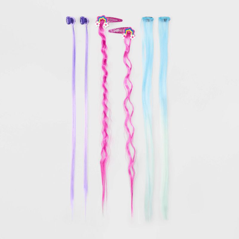 Girls&#39; 6pk Mixed Clip Set with Faux Hair Extensions - Cat &#38; Jack&#8482; Blue/Purple/Pink, 1 of 5