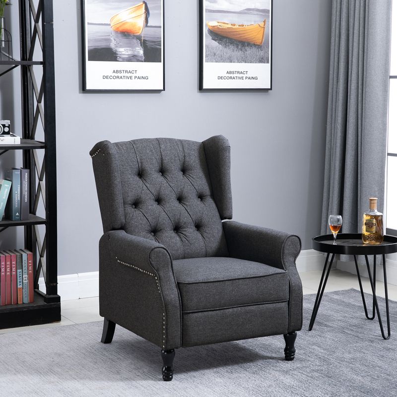 HOMCOM Fabric Upholstered Wingback Recliner, Tufted Back Linen Arm Chair with Footrest, Armrest, Padded Cushion, Dark Grey, 3 of 9
