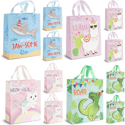 Blue Panda 12 Pack Kids Animal Birthday Gift Bags with Handles for Baby Shower, Animal Theme Birthday Party, 4 Designs