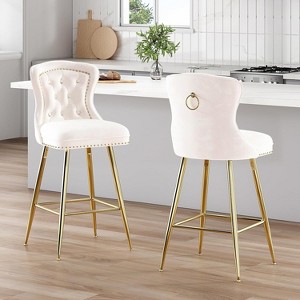 Black Bar Stools Set of 2 Velvet Counter Height Bar Stools with Metal Legs Button Tufted and Nailheads Trim Wing-Back Bar Chairs - 1 of 4