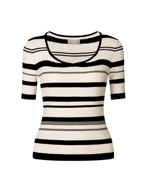Hobemty Women's Basic Striped Short Sleeve Scoop Neck Knitted Blouse