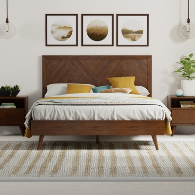 Wooden Platform Bed Frame With Chevron Headboard, King, Walnut ...