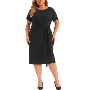 Agnes Orinda Women's Plus Size Round Neck Short Sleeve Belted Knot Tie Midi Bodycon Dresses - 1 of 4