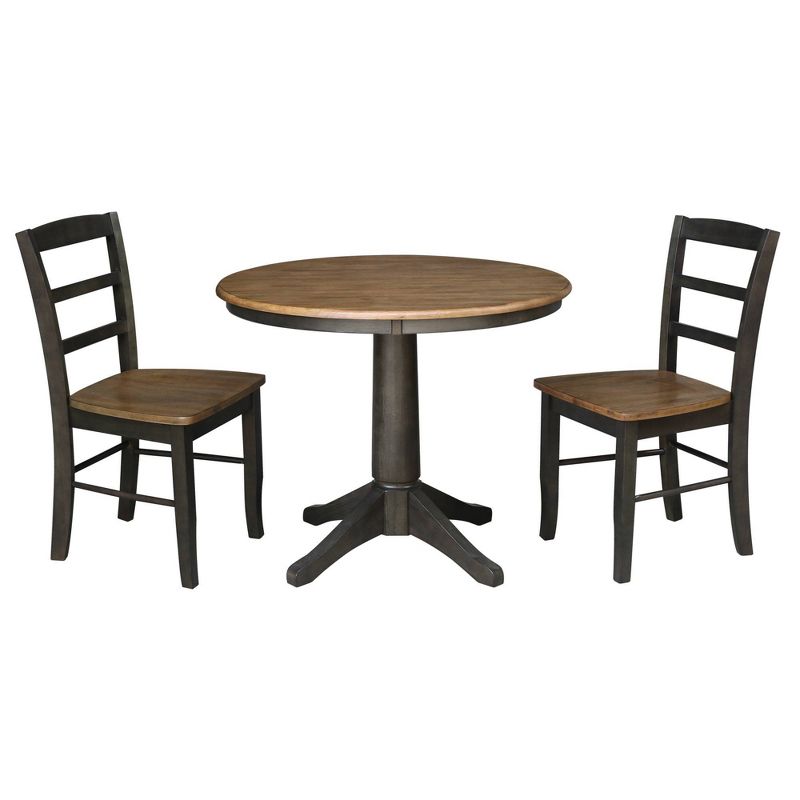 36&#34; Round Dining Table with Flat Legs and 2 Madrid Ladderback Chairs Hickory/Washed coal - International Concepts, 1 of 6