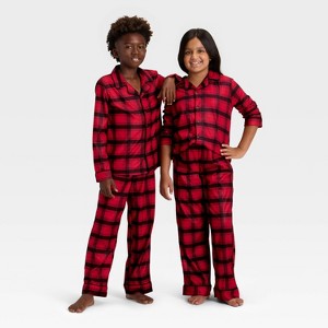 Kids' Plaid Long Sleeve Shirt and Pants Holiday Matching Family Pajama Set - Wondershop™ Red/Black - 1 of 4