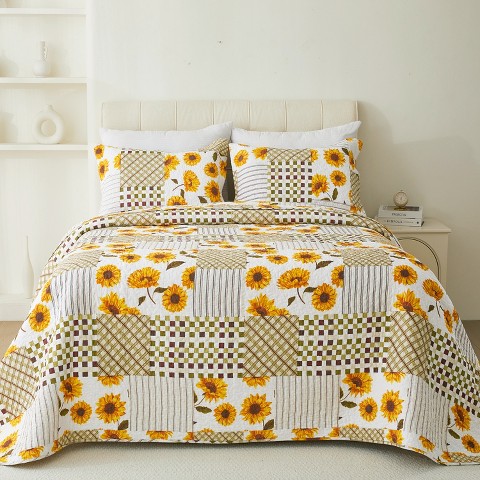 Acoinel Sunflower Patchwork Quilt Set - 3-Piece Reversible Bedspread with Pillow Shams, Queen Size Bedding(92"×96")