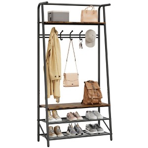 4-in-1 Entryway Hall Tree with Coat Rack, Shoe Bench & Hooks, Industrial Metal Frame Organizer - 1 of 4