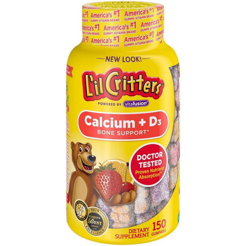 L&#39;il Critters Kids Calcium &#38; Vitamin D3 Dietary Supplement Gummies - Strawberry, Orange &#38; Cherry - 150ct, 1 of 6