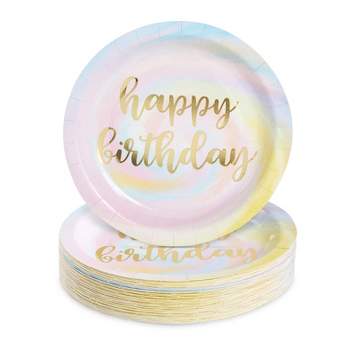 Blue Panda 48-Pack Rainbow Pastel Party Decorations, Gold Foil Happy Birthday Plates, 9 In