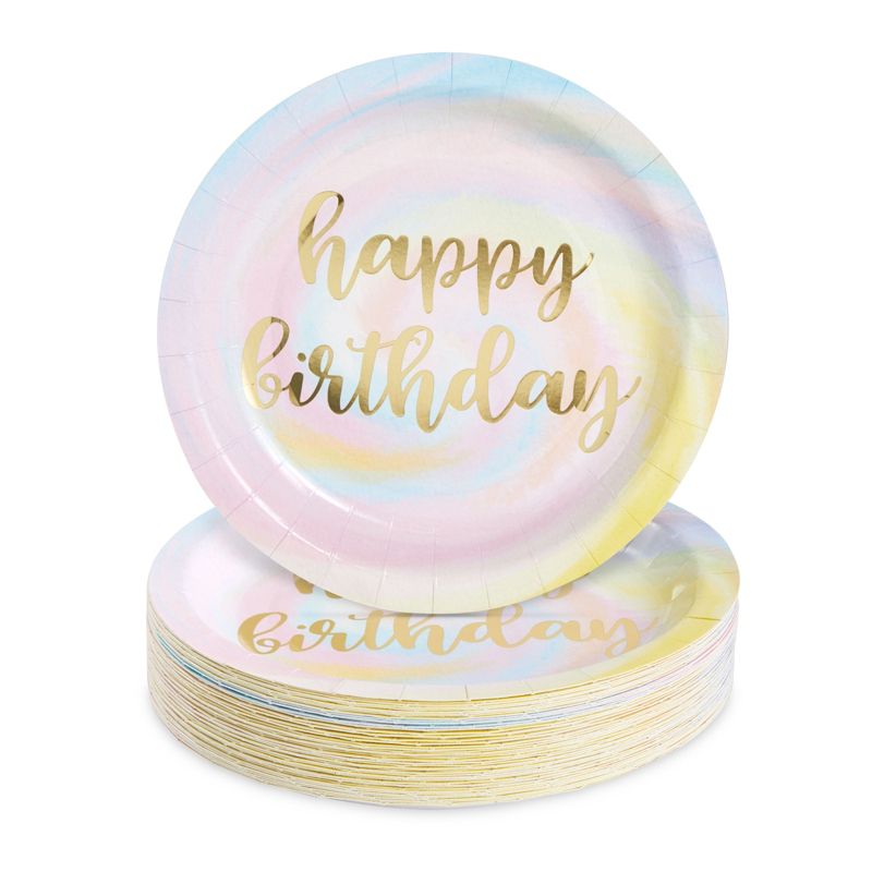 Blue Panda 48-Pack Rainbow Pastel Party Decorations, Gold Foil Happy Birthday Plates, 9 In, 1 of 7
