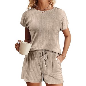 Ekouaer Pajamas Set for Women 2 Piece Pjs Ribbed Knit Lounge Set Cap Sleeve Loungewear Sleepwear - 1 of 4