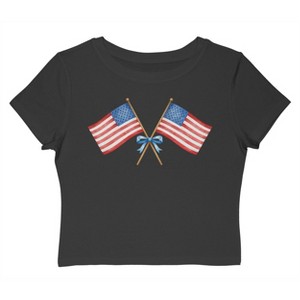Rerun Island Women's Amercian Flag And Bow Americana 4Th Of July Short Sleeve Graphic Cotton Baby Tee - Caviar L - 1 of 4