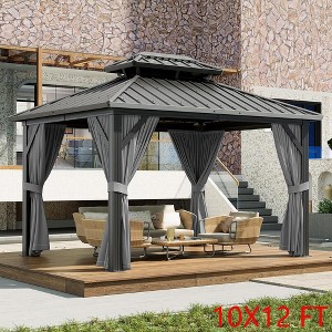10x12 FT Gazebo Hardtop Double Roof Canopy Garden Tent with Netting and Curtains - 1 of 4