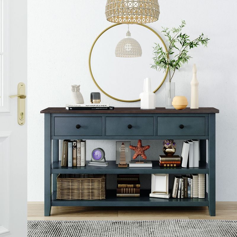 Retro Entryway Console Table, 50" Sofa Table with Three Drawers and Two Open Shelves-ModernLuxe, 2 of 11
