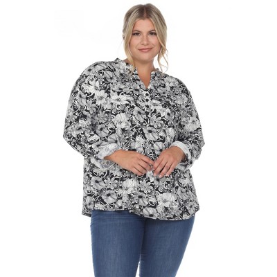 Womens Plus Pleated Long Sleeve Floral Print Blouse - White Mark