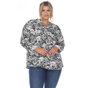 Womens Plus Pleated Long Sleeve Floral Print Blouse - White Mark - 1 of 4