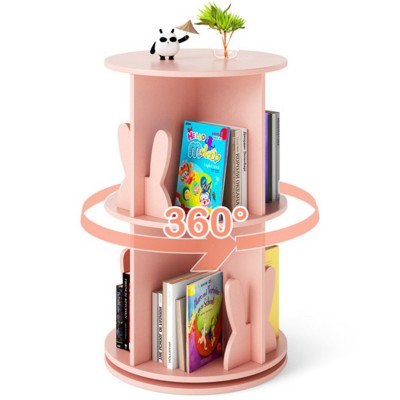 TopComfy Decorative Bookshelf 2 Tier Kids Rotating Bookshelf 360 Display for Books or Toys Bunny Baffles for Living Room, Pink, 17.72"*17.72"*7.87"
