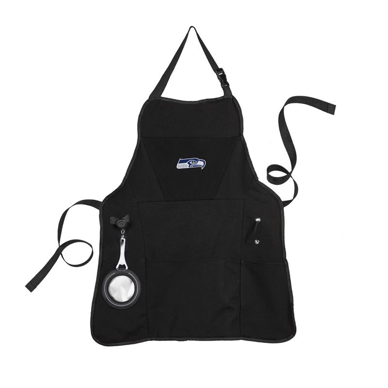 Evergreen Seattle Seahawks Black Grill Apron- 26 x 30 Inches Durable Cotton with Tool Pockets and Beverage Holder, 1 of 2