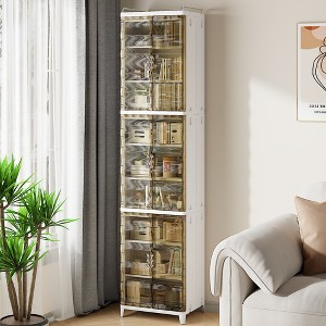 VECELO 2/3-Tier Tall Narrow Storage Cabinet, Slim Bathroom Storage Organizer with Transparent Double Doors for Small Spaces, Tea Brown - 1 of 4