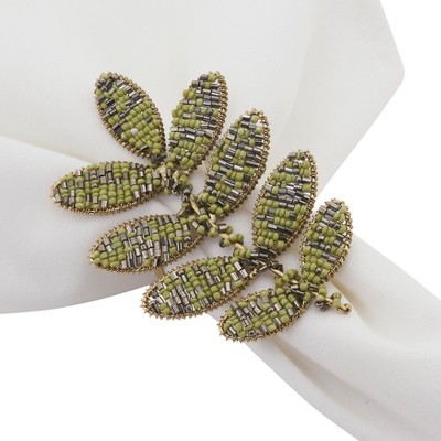 Green and Gold Beaded Leaf Napkin Rings Set of 4