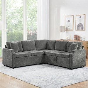 81.9" L-Shaped Sectional Sofa Bed, Chenille Upholstered Sofa with Pull-Out Sleeper & Hidden Storage - ModernLuxe - 1 of 4