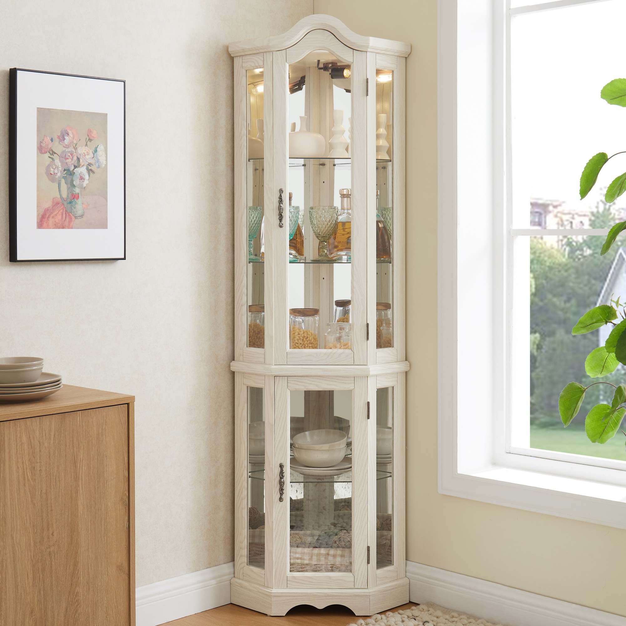 ChicFurnit Storage Cabinets Corner Cabinet Side Cabinet with Tempered Glass Doors and Shelves Display Case for Room, White, 21.65"*15.94"*70.28"