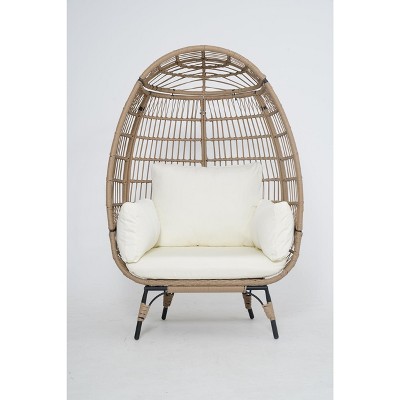 Egg Chair, Wicker Egg Chair with Plush Cushion, Steel Frame and Metal Base, Lounge Chair for Indoor & Outdoor Patio, Living Room, and Backyard