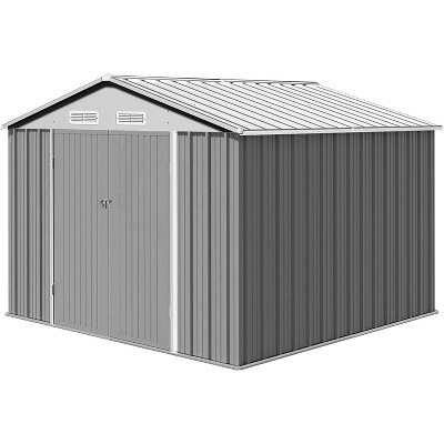 Acekool 8x8 FT Metal Outdoor Storage Shed, Lockable Doors, 4 Vents, Sloped Roof, Reinforced Frame, Grey