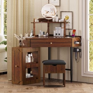 Kumasinova Corner Computer Desk Desk Set,Triangular Makeup Table with Storage Ottoman&Charging Station,Standing Desk with with Glass Top for Bedroom - 1 of 4