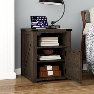 18" Dark Brown Farmhouse Nightstands Rustic Wood End Tables with Charging Station, Magnetic Barn Door & Adjustable Shelf - 1 of 4
