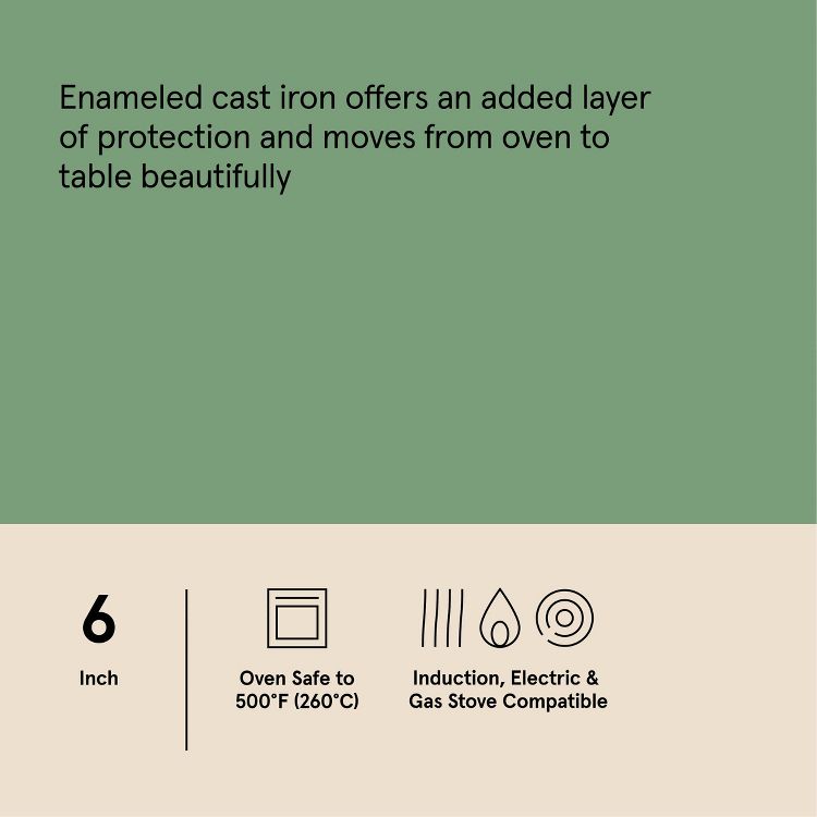 Text on a green and beige background describes a 6-inch enameled cast iron skillet that is oven safe to 500°F (260°C) and compatible with induction, electric, and gas stoves.